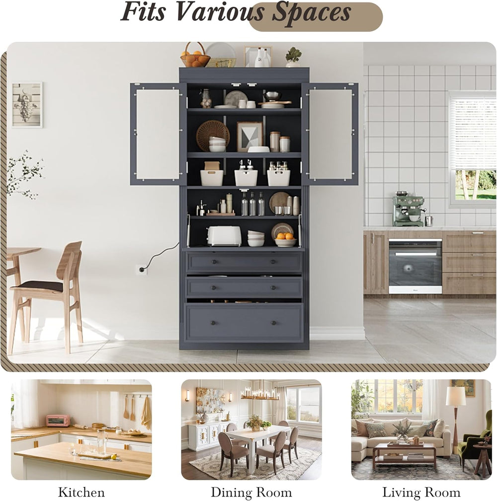 78" Tall Kitchen Pantry Cabinet, Freestanding Food Storage Pantry Cupboa...