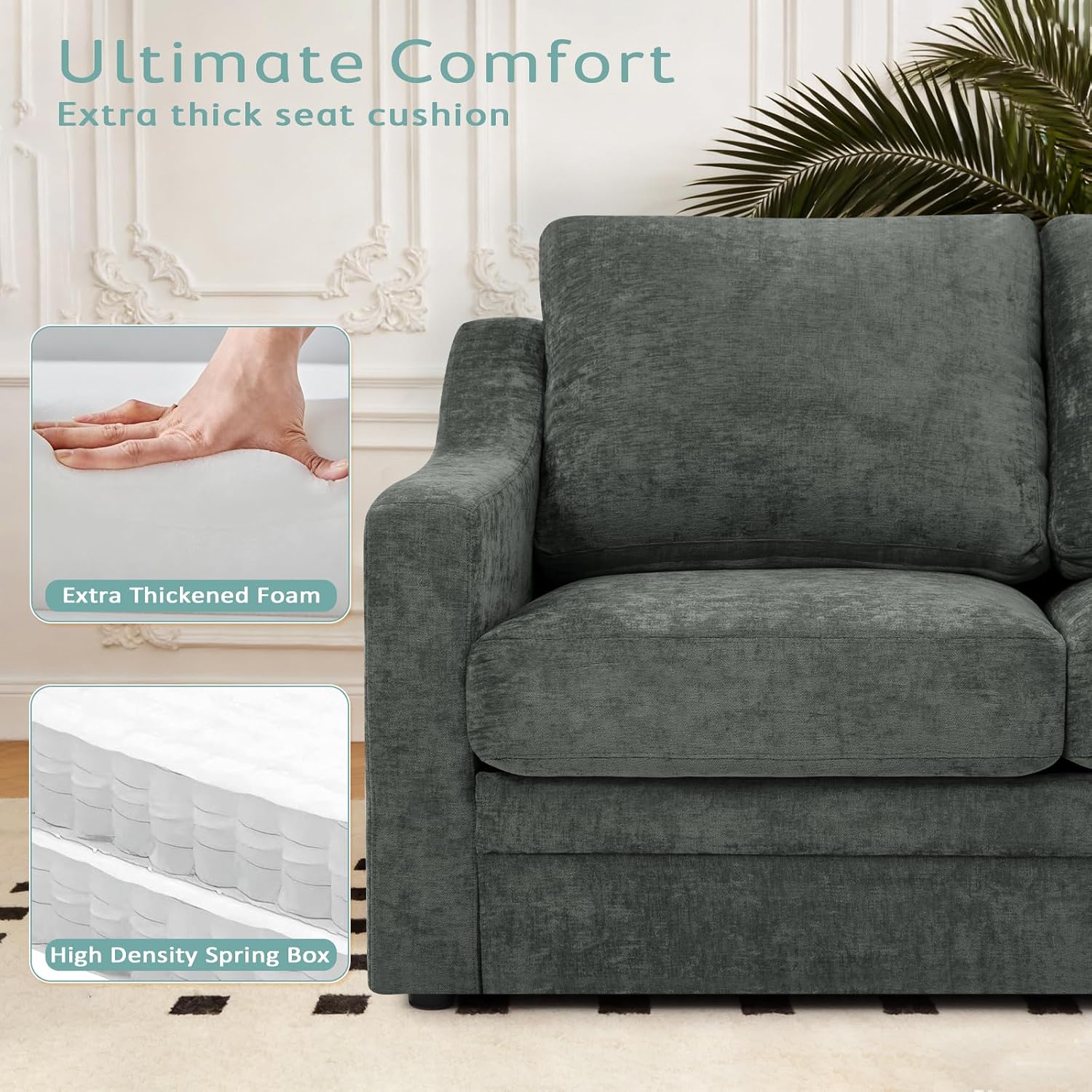 83” Chenille 3 Seats Sofa w/Comfortable Back Cushions, Grey | Modern Couch w/Deep Seat Space, Upholstered 8 Seater Sofa w/High Resiliency Foam for Living Room