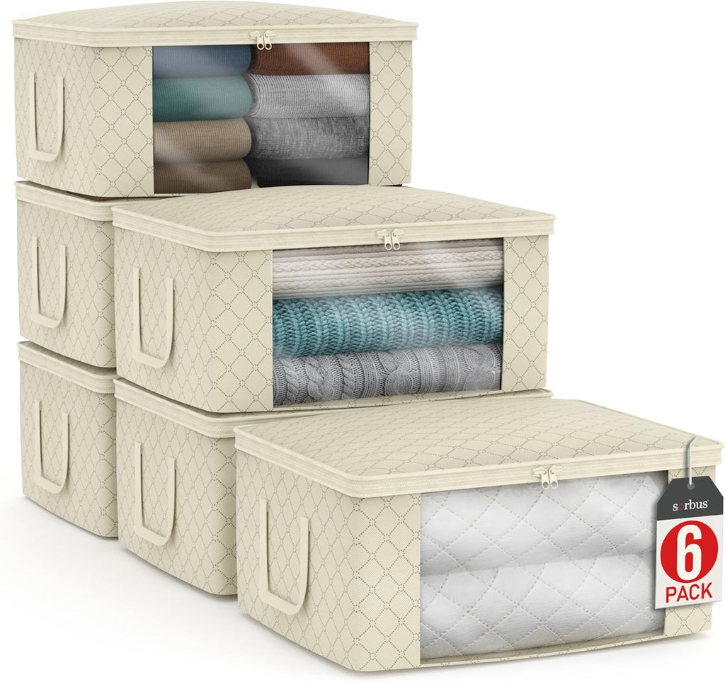 Sorbus Medium Clothes Storage Bags - Foldable Blanket Storage Bins for Organizing Bedroom, Closet, Clothing, Comforter, Organization with Clear Window, Lids and Carry Handles - Set of 6