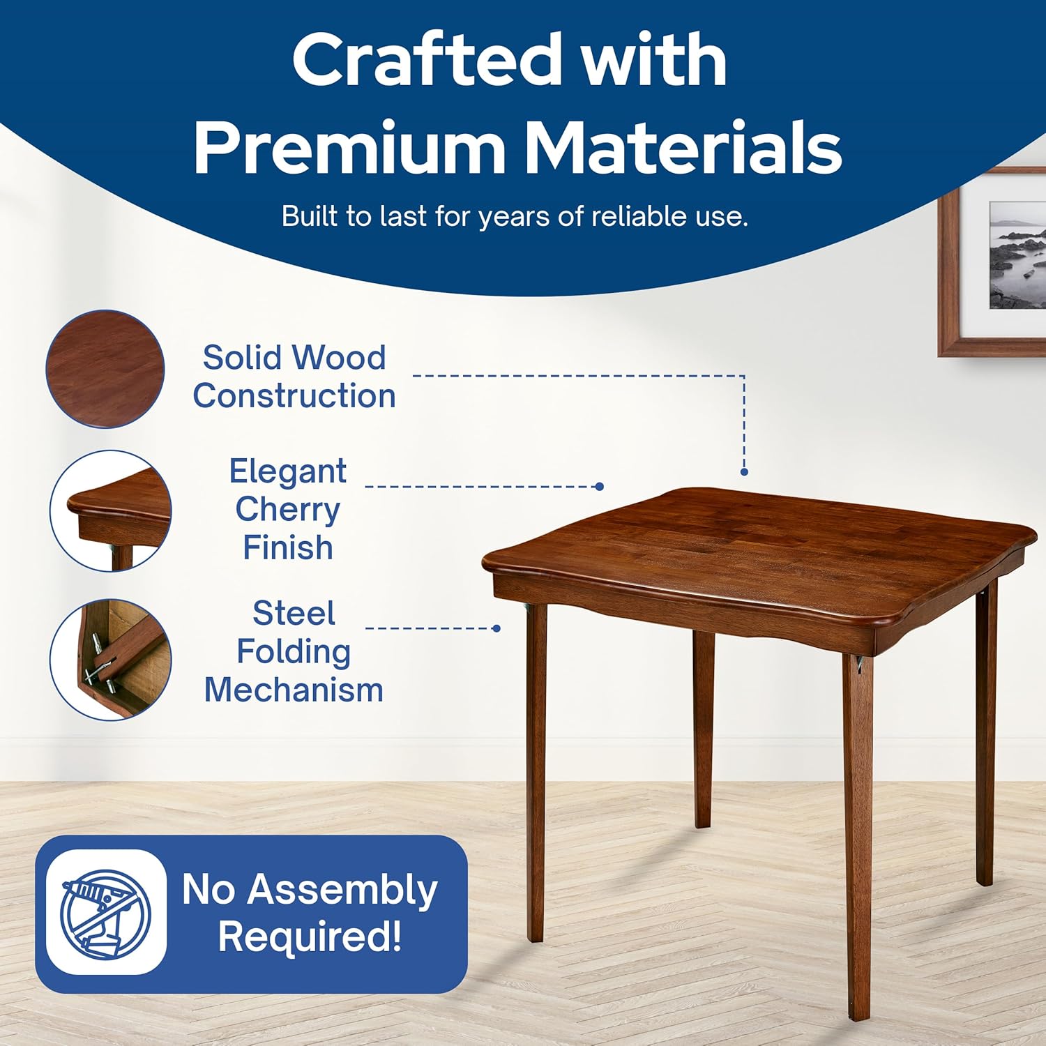 MECO Stakmore Stylish Durable Versatile Square Solid Wood Scalloped Edge Compact Folding Traditional Card Table for Home Use, Cherry