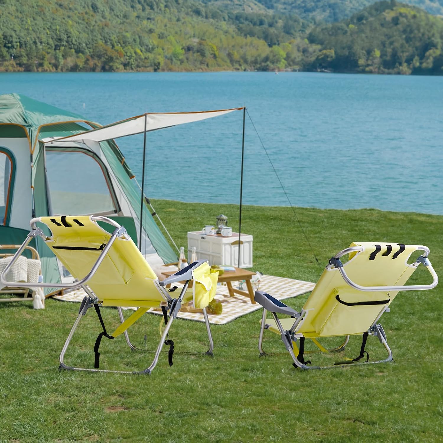 Aluminum Beach Chair Oxford Fabric 100kg Capacity Khaki | Seat Height 20.1 cm, 19.7" x 16.5" Seat, Silver Aluminum Frame, Lightweight Portable, Outdoor Use