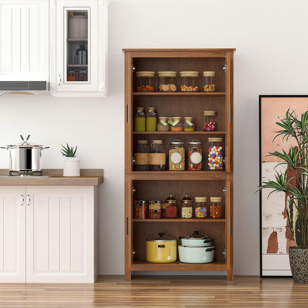 64in Tall Freestanding 4-Door Kitchen Storage Pantry Cabinet with 5-Tier Inte...