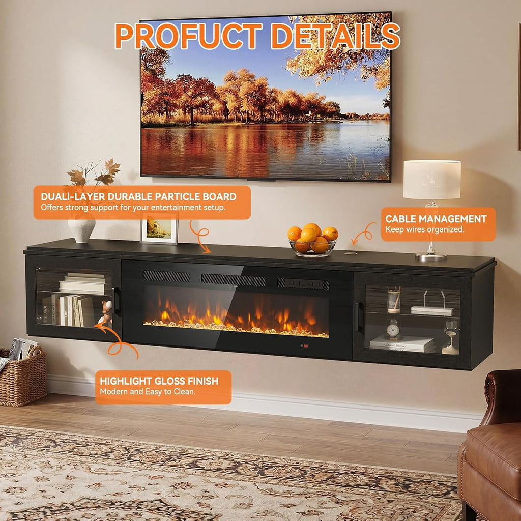 70" Floating TV Stand with 36" Electric Fireplace, Wall Mounted Fireplace Entertainment Center with Storage for TVs Up to 80",WI-FI Enable Fireplace TV Stand for Living Room,Black&Black
