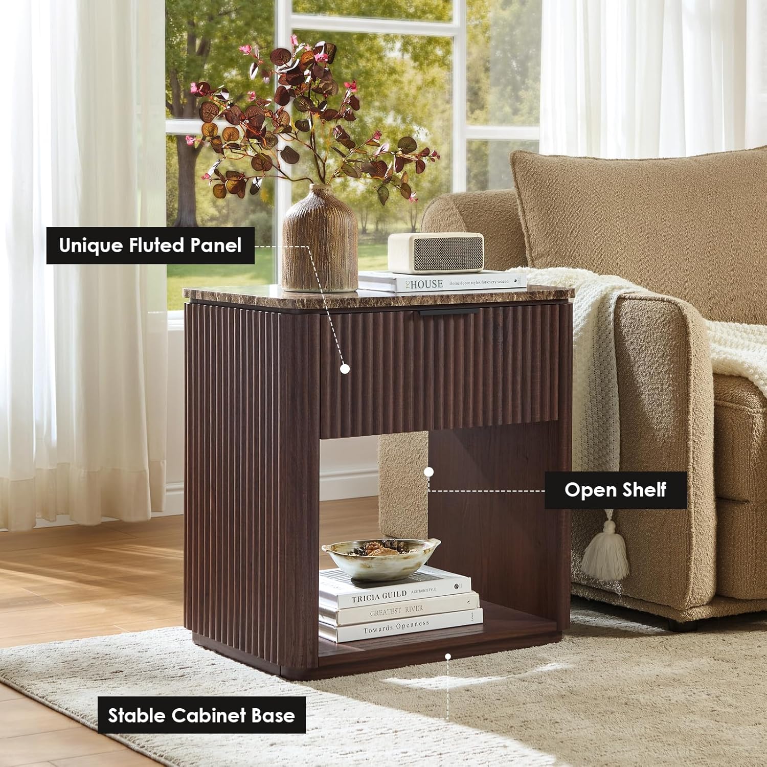 Fluted Nightstand with Drawer, Bedside Table with Faux Marble-Top, Engineered Wood Side Table with Open Shelf, Curved Corners, Metal Handle, Modern Night Stand for Bedroom, Small Spaces, Dark Oak