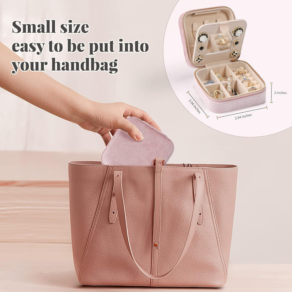 Dajasan Velvet Travel Jewelry Box, Mini Travel Jewelry Case, Small Portable Travel Jewelry Organizer Box with Mirror for Earrings Bracelets Rings Necklace (Pink)