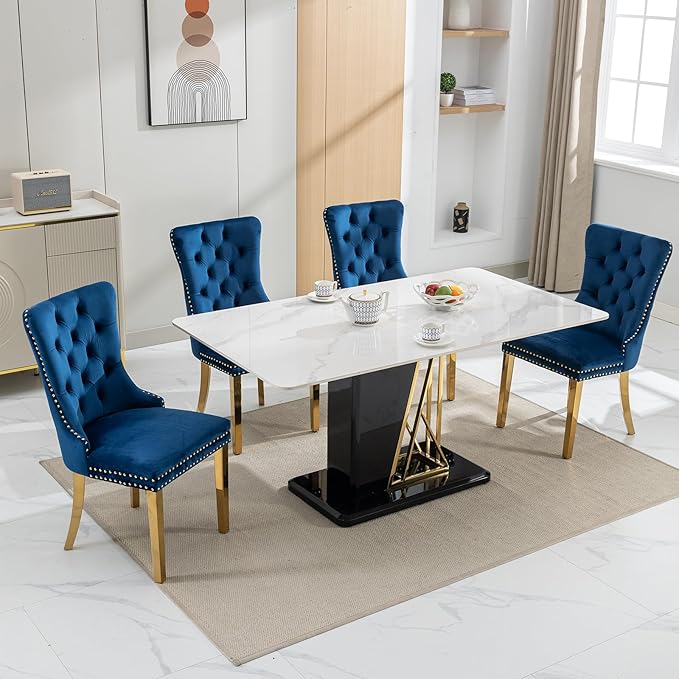 Luxury Upholstered Dining Chairs Set of 2, Kitchen Chair with Golden Metal Legs, Velvet Tufted Back Dining Chair, Sillas de Comedor, Modern Kitchen & Dining Room Chairs (Blue, 2 Pcs)