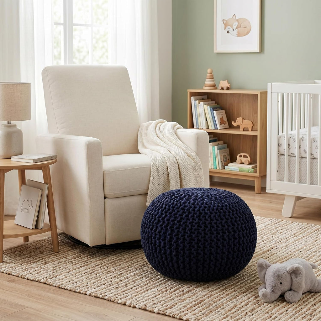 BIRDROCK HOME Round Pouf Ottoman Foot Rest - 18.5”x18.5”x15” Boho Compact Comfortable Soft Cotton Braided Foot Stool with Bean Bag Filling for Living Room, Bedroom, or Nursery (Navy)
