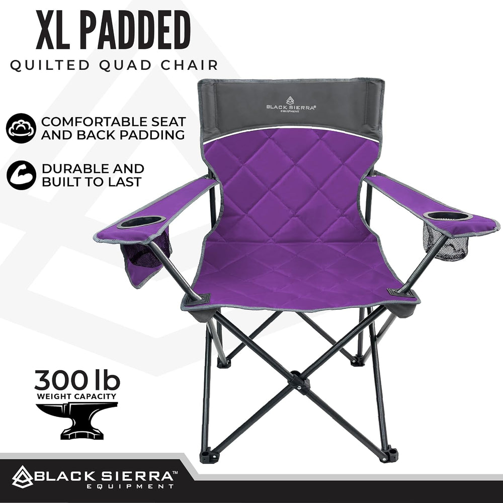 Black Sierra Quilted Padded Camping Chair, Oversized Heavy Duty Outdoor Loung...