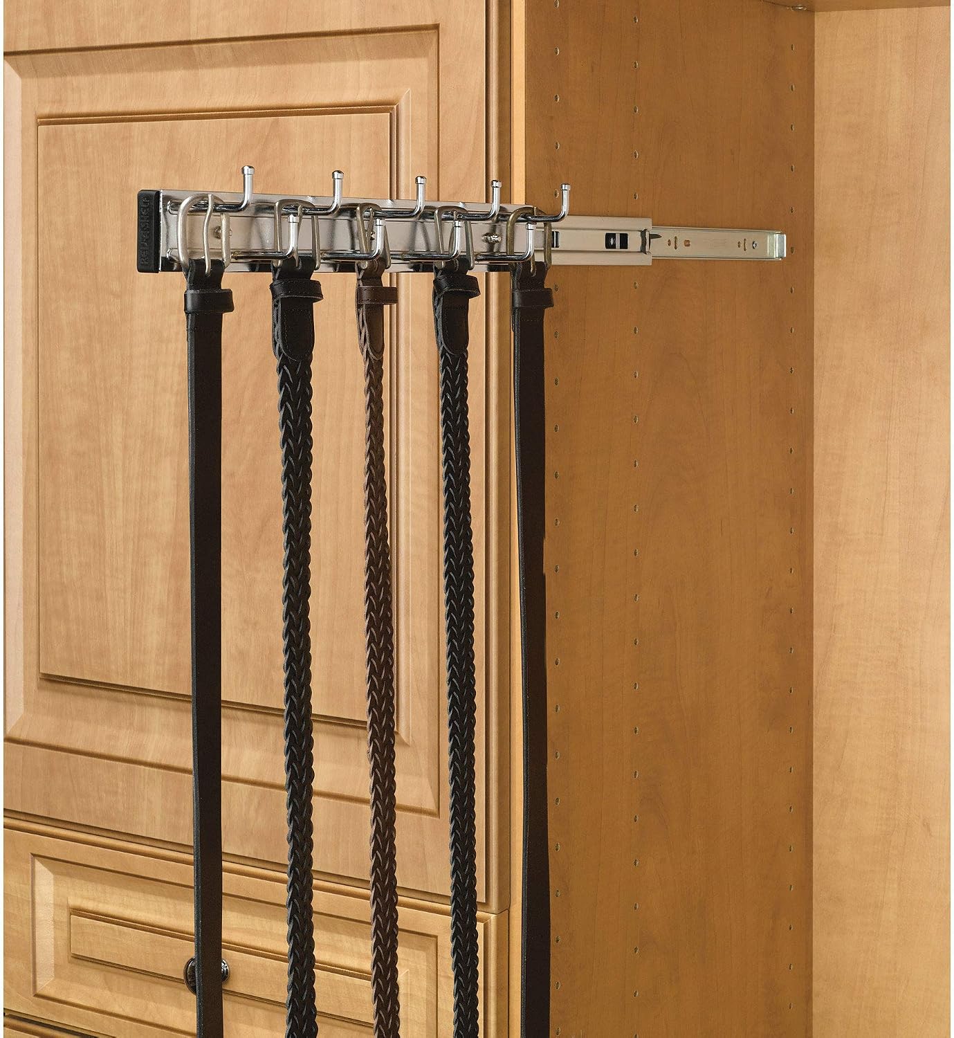 Rev-A-Shelf BRC-14CR 14-Inch Wall Mounted Pullout Closet Belt and Scarf Organization Rack Accessories Holder Hanger with 9 Hooks, Chrome (2 Pack)