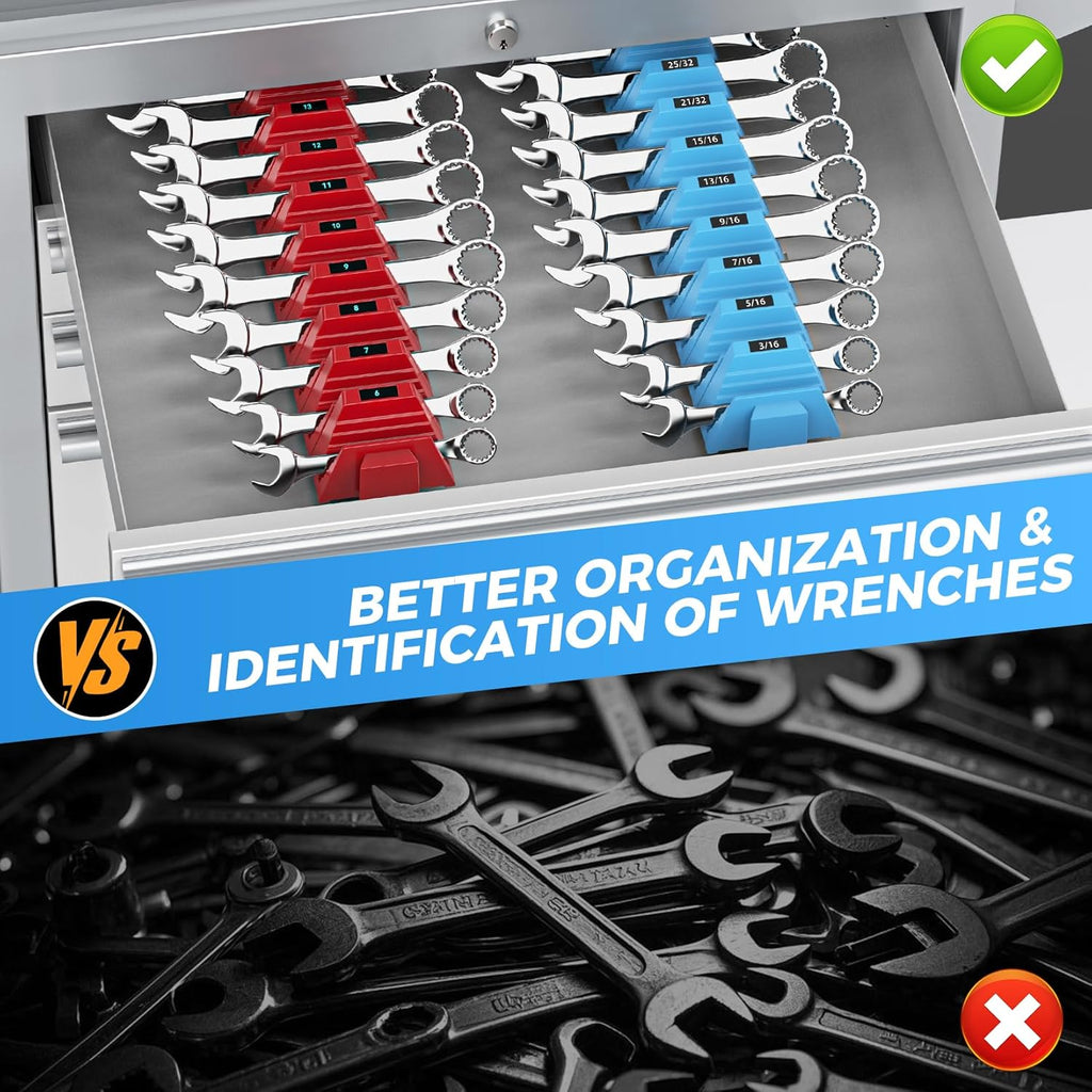 48PCS Magnetic Modular Wrench Organizers for Tool Drawers - Red & Blue - Wrench Rack with Metric & SAE Labels, Customizable Magnet Tool Storage Holder for Tool Box Organization