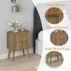 Fluted Nightstand with 2 Drawers,Modern Bedside Table with Metal Handles,White Side Table with Solid Wood Legs,Mid Century End Table for Living Room,Bedroom,Caramel Oak CTG55BR