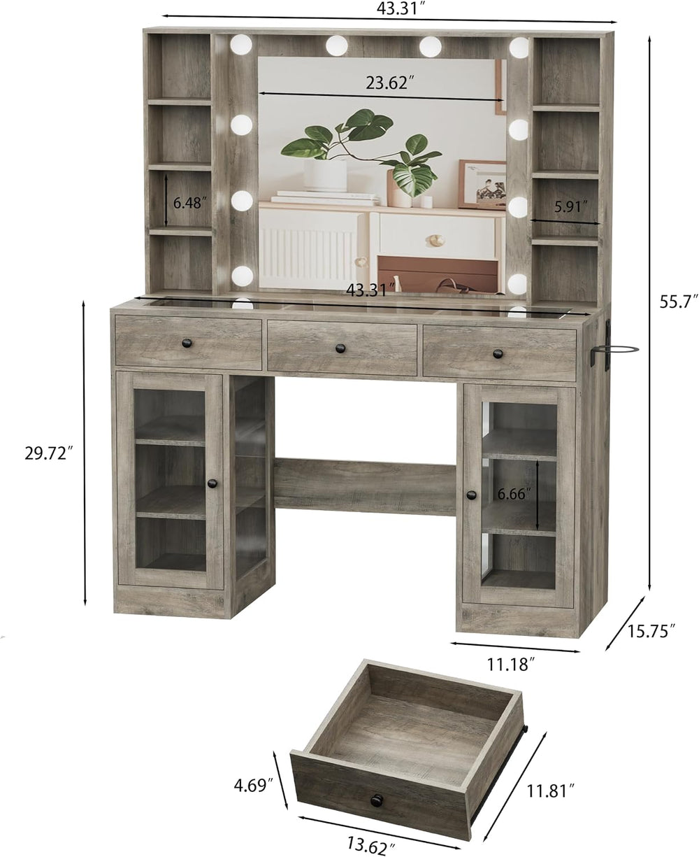 Grey Vanity Desk with Mirror and Lights, Glass Top Vanity with Lighted Mirror...