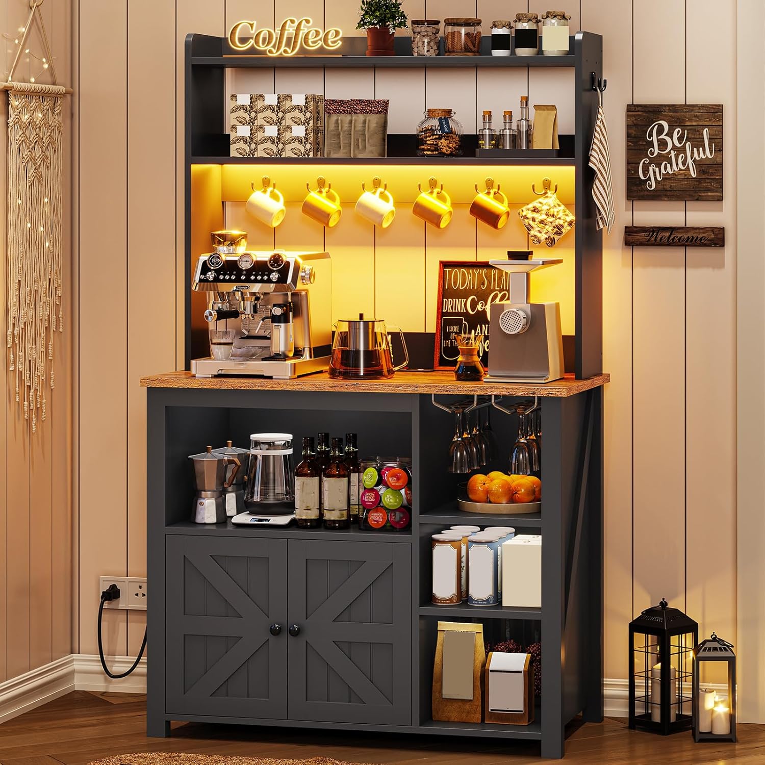 Itaar 35.4 inch Coffee Bar Cabinet, Bakers Rack with Power Outlet and Storage, Farmhouse Microwave Stand Kitchen Cabinet with Hutch, LED Lights, Wine Glass Holder and 8 Hooks, Black