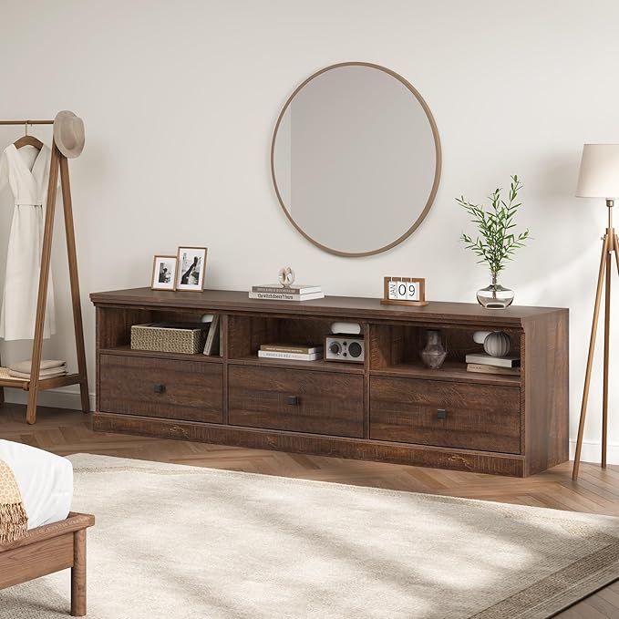 IDEALHOUSE 70in TV Stand for TVs up to 80", Mid Century Modern Entertainment Center with Storage Drawer and Open Shelves, TV Console Media Cabinet for Living Room, Bedroom, Brown