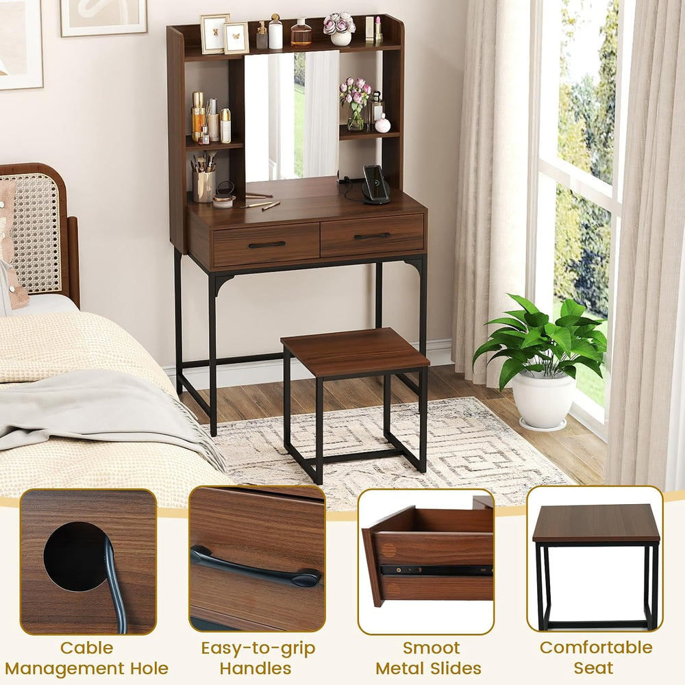 COSTWAY Vanity Desk with Mirror and Stool, Industrial Dressing Table with Pow...