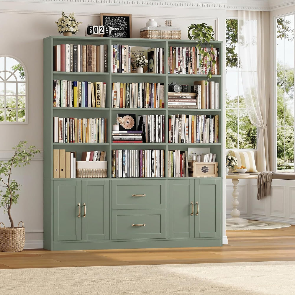 HOSTACK 71" Tall Triple Wide Bookshelf with Storage Drawers & Doors,...