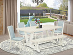 East West Furniture V027LA015-6 6 Piece Dining Room Set Contains a Rectangle Dining Table with V-Legs and 4 Baby Blue Linen Fabric Parson Chairs with a Bench, 40x72 Inch, Multi-Color