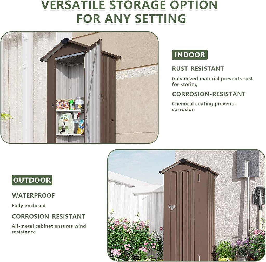 2.5x1.4 FT Mini Outdoor Storage Shed, Plastic Shed with Floor, Lockable Door, Adjustable Shelves & Sloping Roof, All-Weather Resin Shed for Garden, Backyard, Patio, Lawn (Brown)