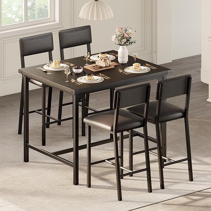 IDEALHOUSE Dining Table Set for 4 w/Footrest & Corner Protector, 5-Piece Kitchen Table Set with Counter Height Table & 4 Upholstered Bar Stools, for Kitchen Room, Apartment, Pub, Retro Black