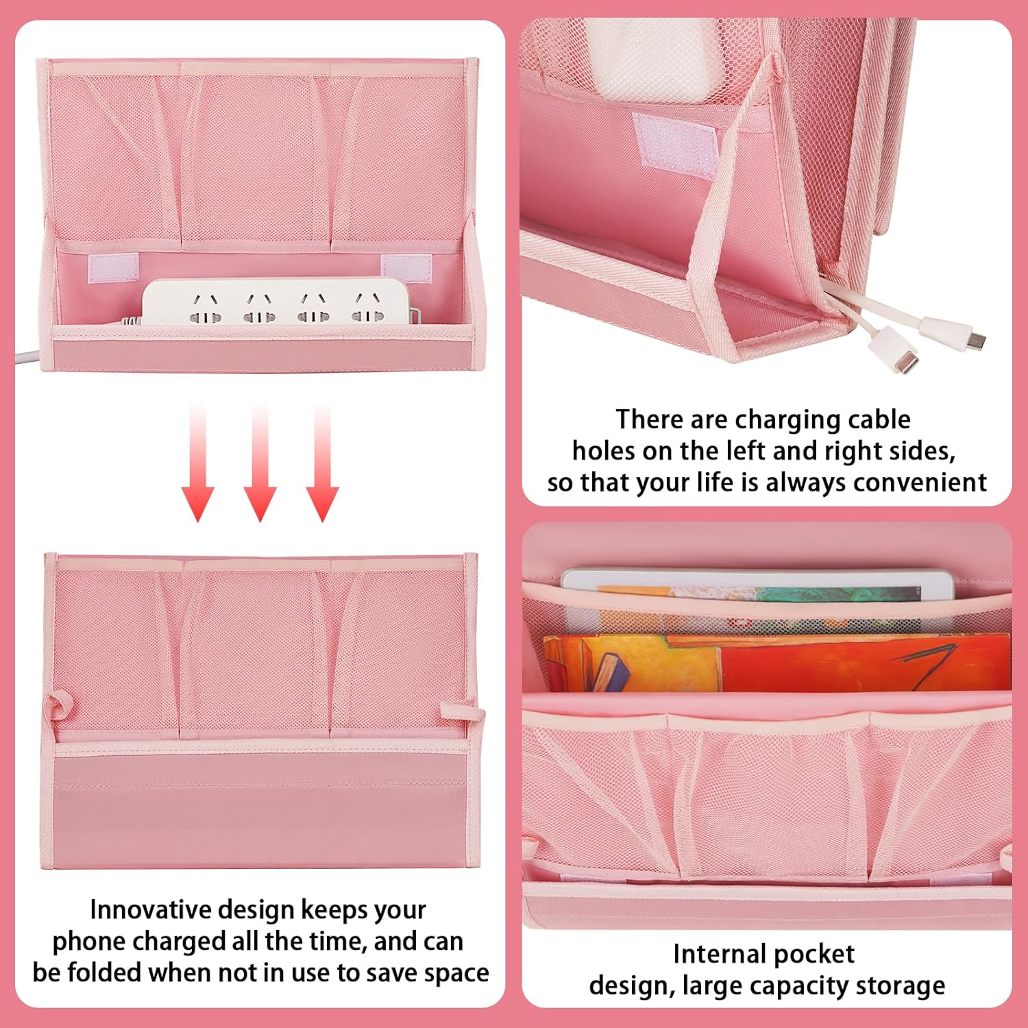 Bedside Caddy Bedside Storage Organizer Bedside Organizer with Power Strip Holder and 2 Adjustable Straps for Home Bunk Bed Dorm Sofa (Pink)