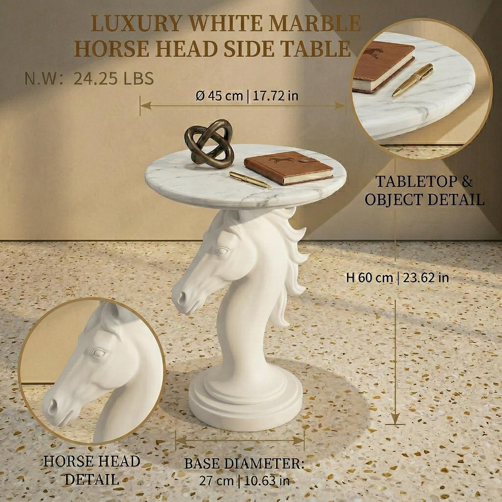 Modern Horse Statue Side Table - Round Faux Marble Top Accent Pedestal with Sculpture Base for Entryway & Living Room, White