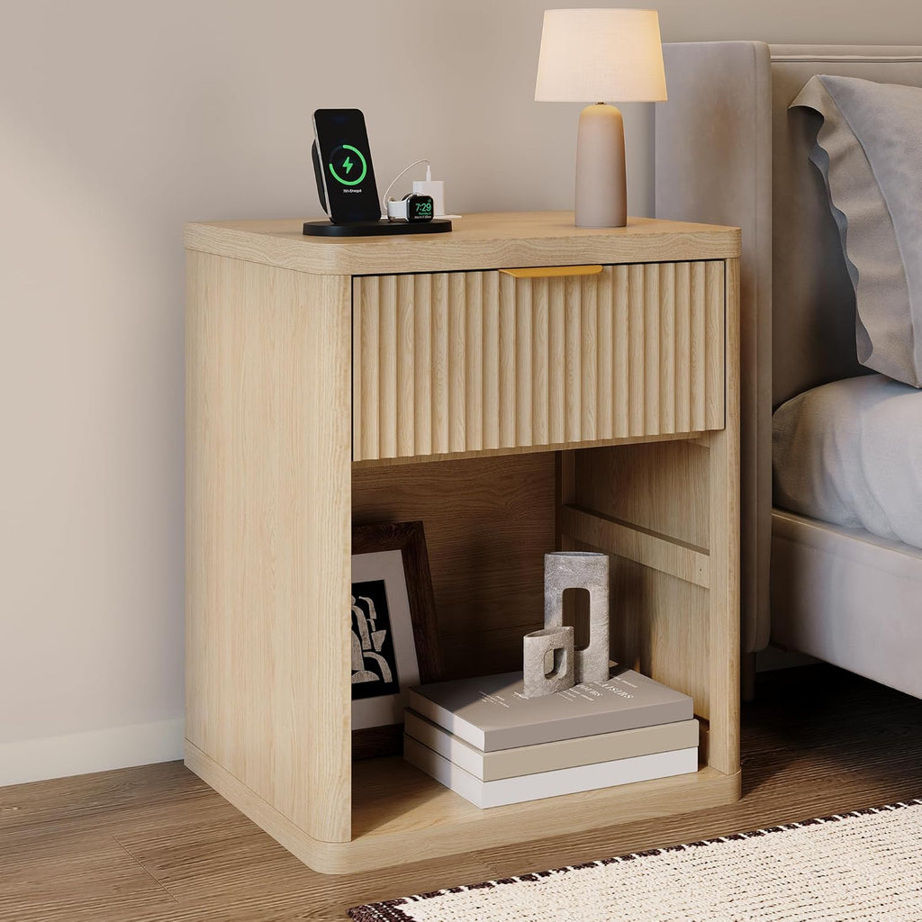 Fluted Nightstand with Charging Station, Bedside Table with Drawers and Open Storage Space, Metal Handles and Rounded Corners for Safety, Mid Century Modern End Table, for Bedroom, Living Room Sofa