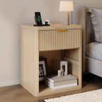 Fluted Nightstand with Charging Station, Bedside Table with Drawers and Open Storage Space, Metal Handles and Rounded Corners for Safety, Mid Century Modern End Table, for Bedroom, Living Room Sofa