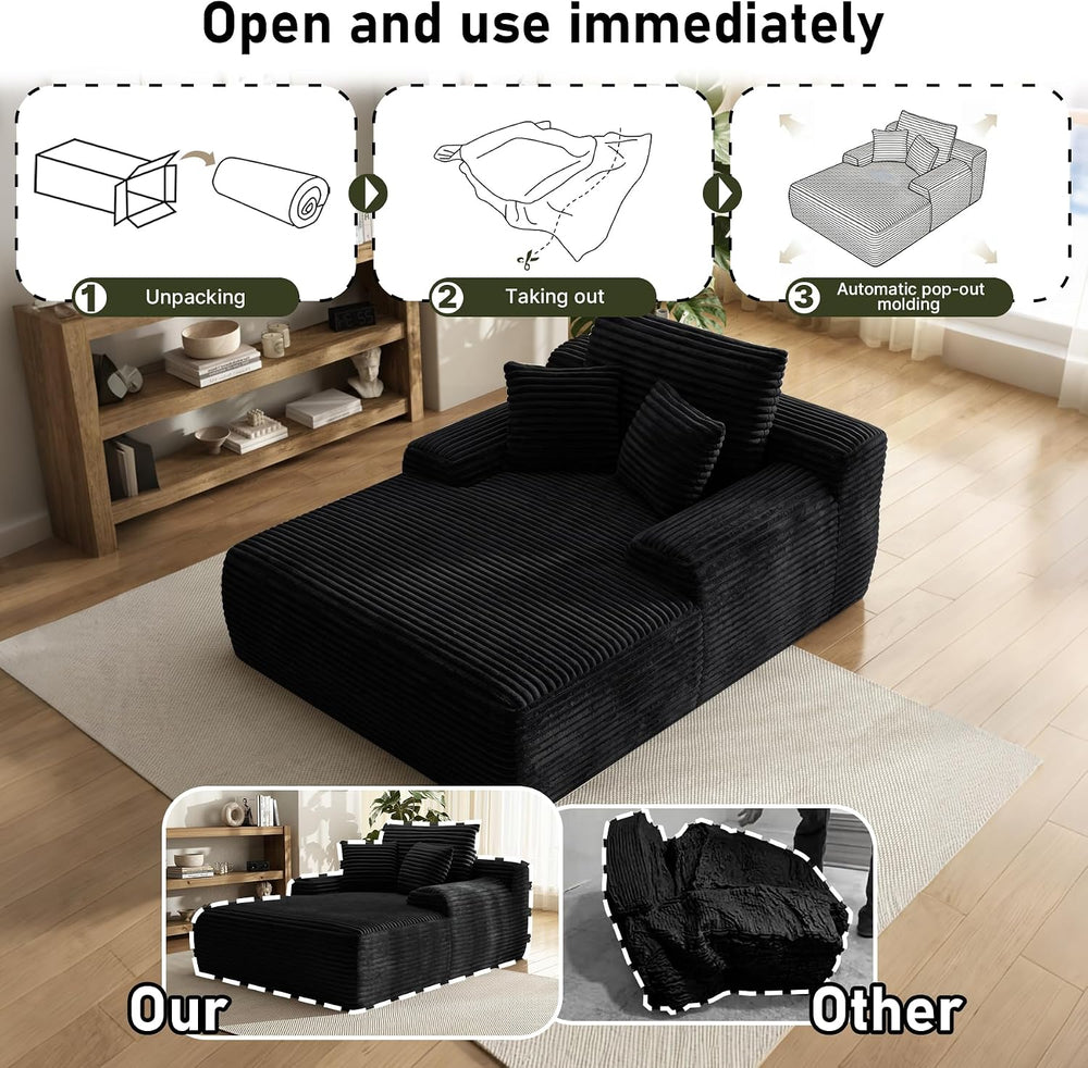 65'' Chaise Lounge Chair Indoor, Black Corduroy Sofa Bed, Lounge Chai...