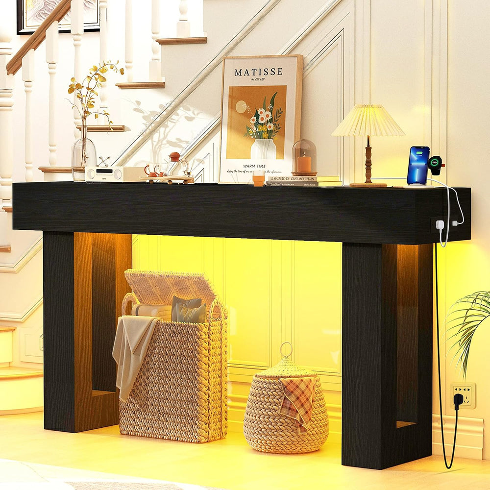 63" Extra-Long Modern Console Table with Charging Station, RGB LED Light...