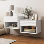 Vibe & Dine Floating Nightstand Set of 2, Wall Mounted Night Stand with Wavy Pattern Design, Modern Bedside Tables with Drawers for Bedroom, Easy Assembly, White