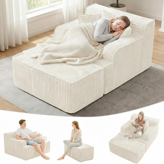 Chaise Lounge Chair Indoor,Boneless Chair with Ottoman,Comfy Reading Chair for Adults,Small Sofa Bed Couch for Living Room,Single Sleeper Chair Bed,Beige