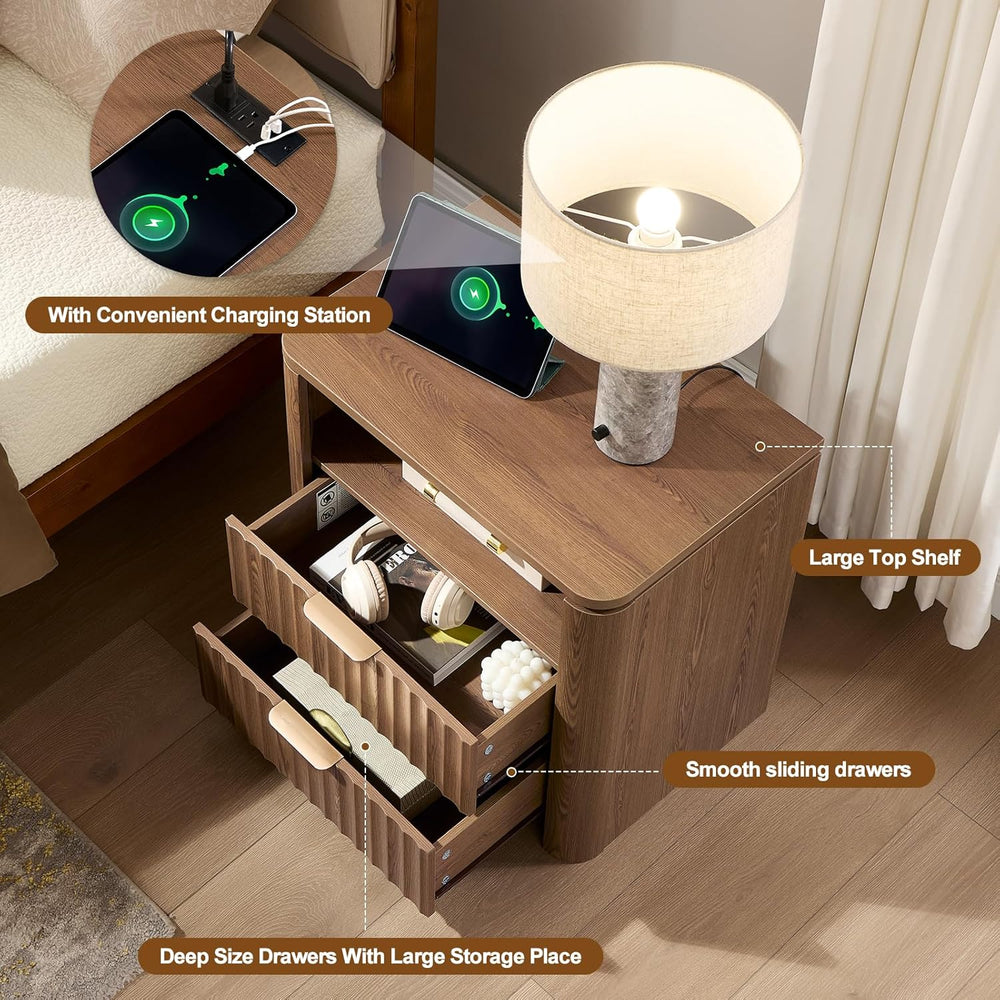 Night Stands Set of 2,Fluted Nightstands with Charging Station- Modern 2 Draw...