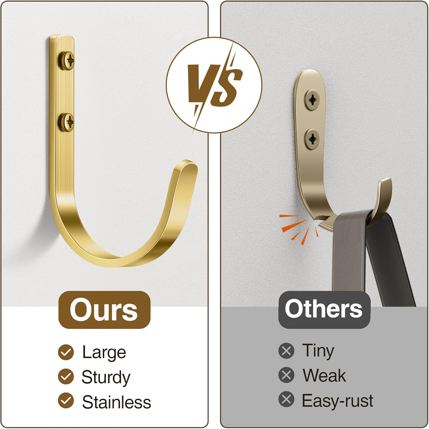 Wall Hooks for Hanging Towel/Coat - 22LB Screw in Metal Hanger Wall Mount, for Outdoor, Closet, Door, Bathrooms, for Backpack, Robe, Brushed Gold 5 Pack