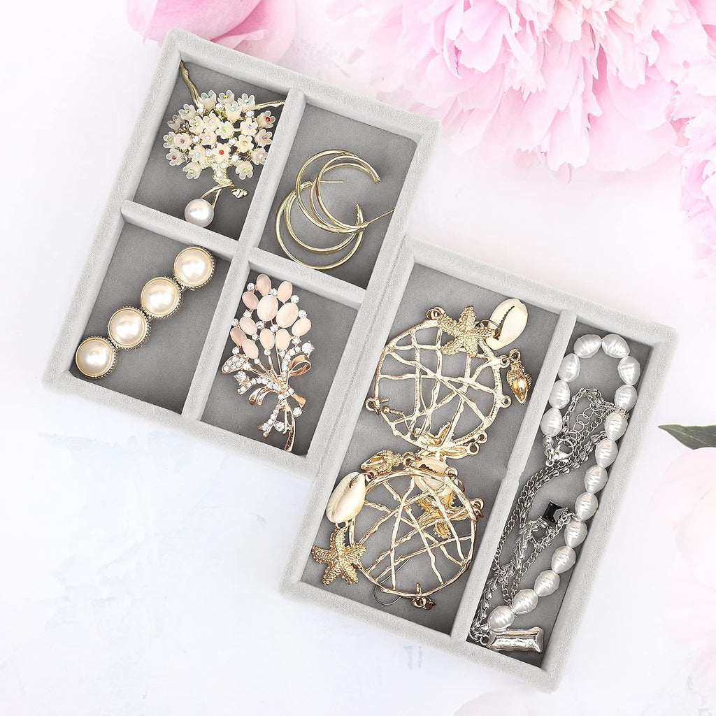 DesignSter Small Jewelry Tray, 2PCS Ring Organizer, Velvet Jewelry Display Tray, Stackable Jewelry Organizer Trays, Jewelry Drawer Organizer Inserts For Dresser, Jewelry Box (Gray)