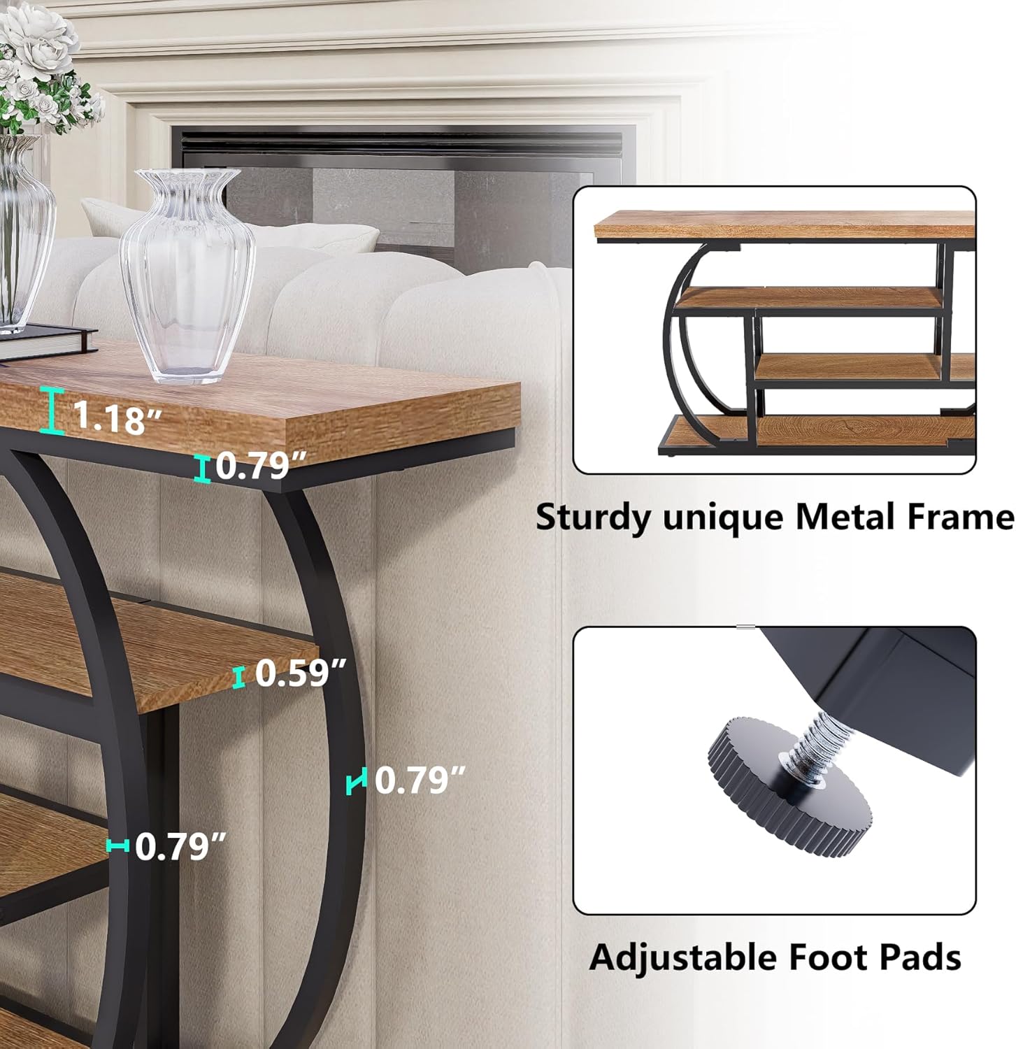 63” Industrial Console Table with 4-Tier Display Shelves, Narrow Long Sofa Table Behind Couch, Entryway/Hallway/Foyer Accent Table with Metal Frame for Living Room (Natrual Wood)