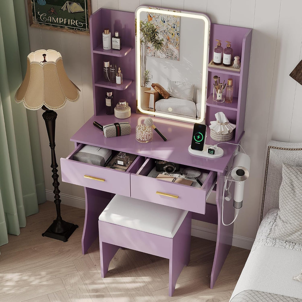 Small Vanity Desk with Mirror and Lights, Makeup Vanity with LED Lights, Purp...