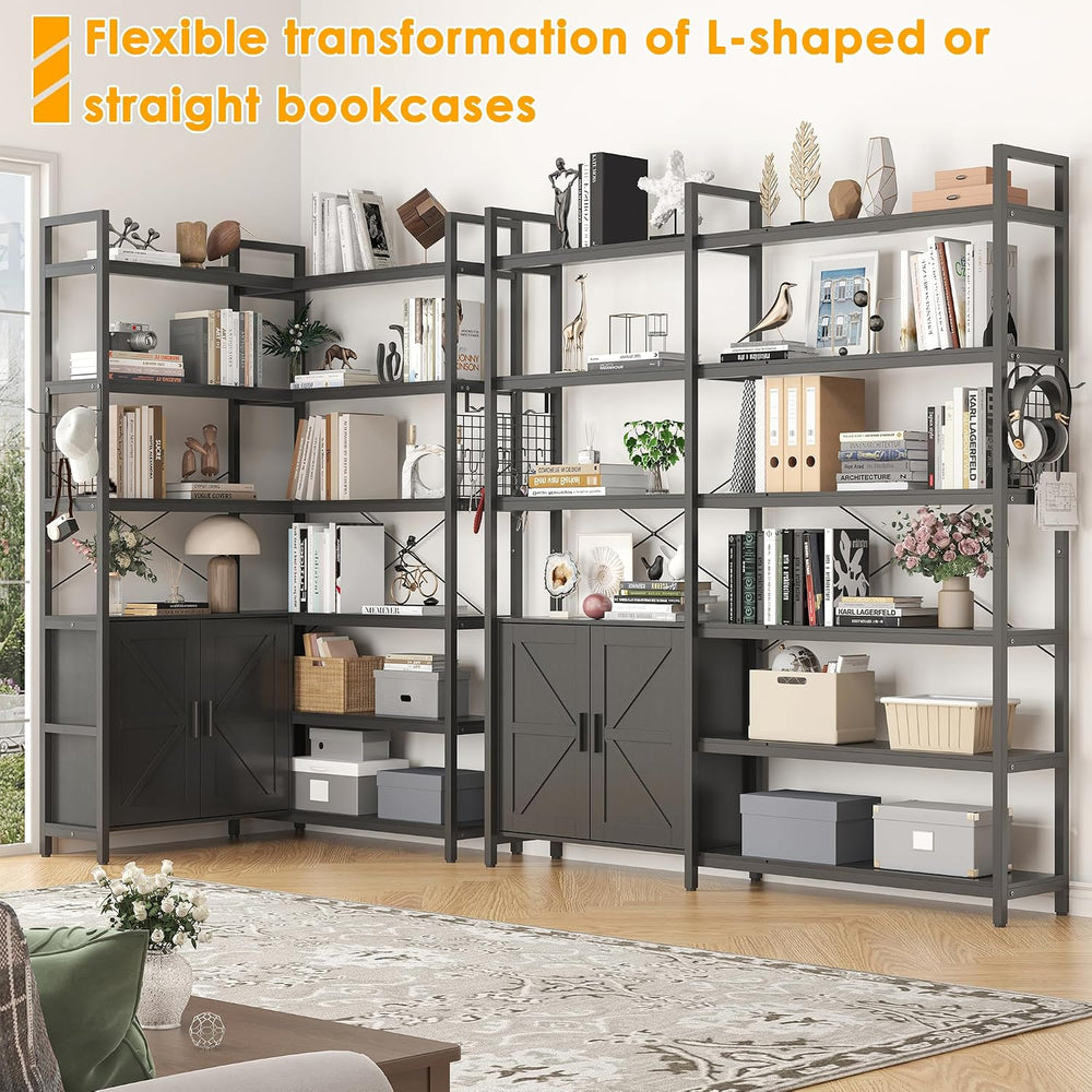 6-tire Farmhouse Black Corner Book Shelf with 2 Barn Doors and 10 Storage She...