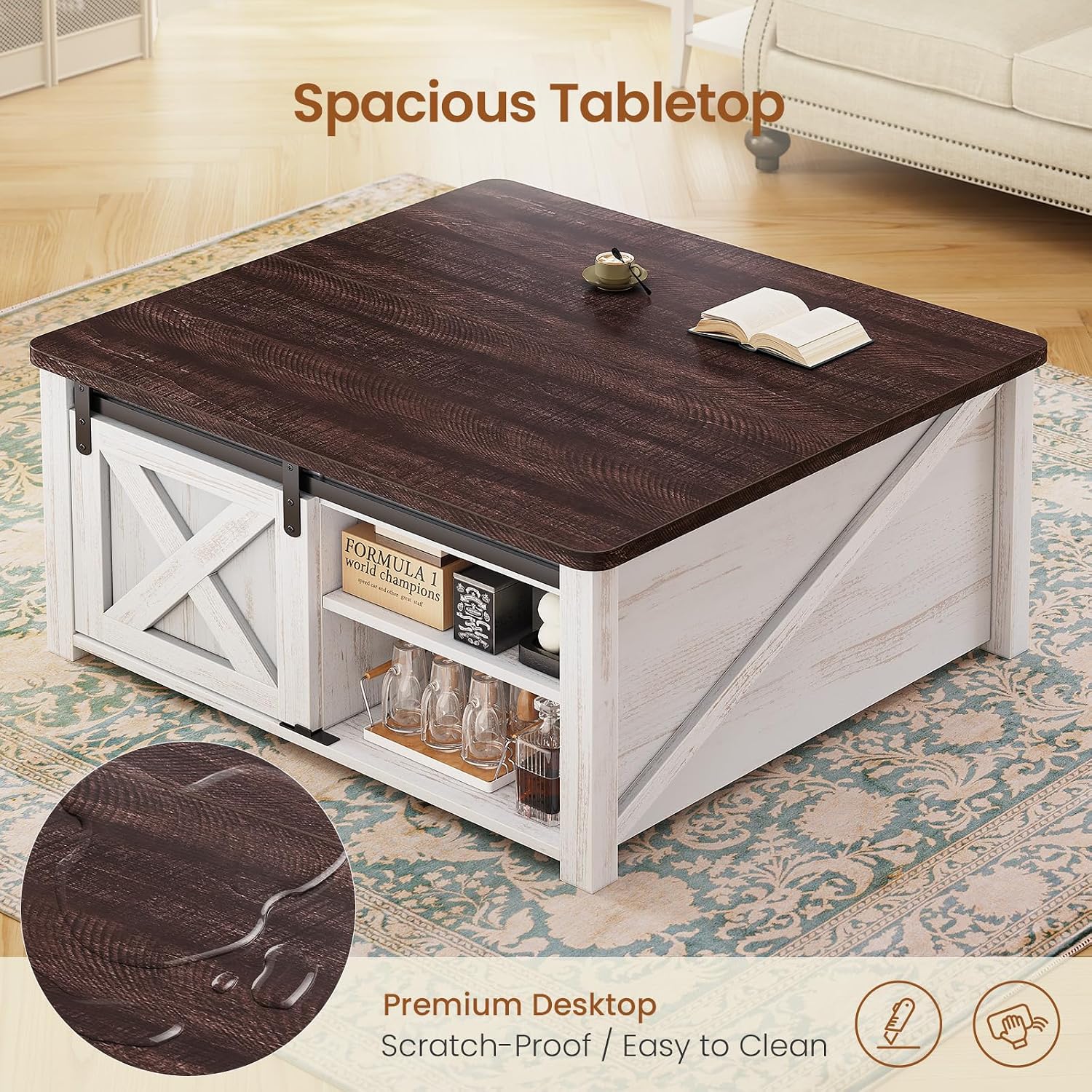SEDETA 31.5" Lift Top Coffee Table with Storage, Square Coffee Tables for Living Room, Farmhouse Coffee Table with Large Hidden Storage Compartment and Adjustable Shelves, Vintage White