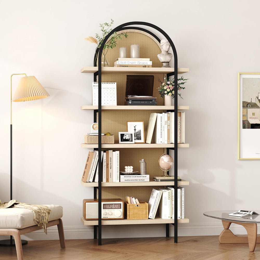 Yusong Bookshelf Rattan 5 Tier Arched Bookcase, 74" Tall Industrial Open...