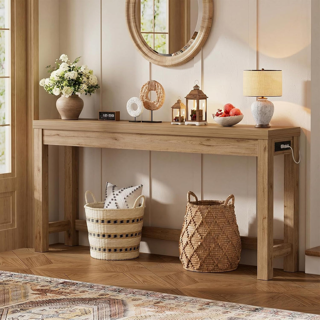Cyclysio 63" Console Table with Charging Station, 13.8" Deep Farmhouse Sofa Table Behind Couch with 2 AC Outlets & 3 USB Ports, Long Entryway TV Console or Home Office Desk, Natural Oak