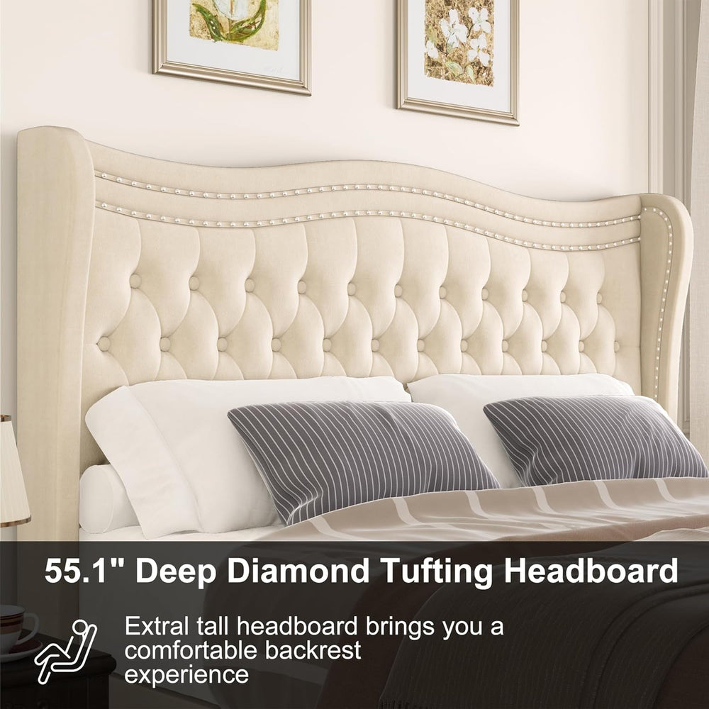 Upholstered King Size Bed Frame with Tall Headboard, Velvet Wingback Platform...