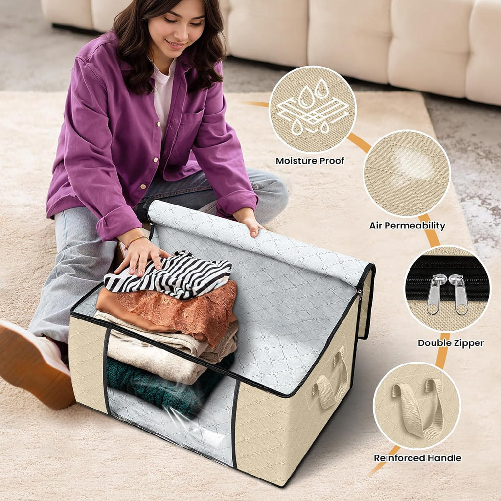 Fab totes 10 Pack Clothes Storage, Foldable Thick Fabric Blanket Storage Bags, Containers for Organizing Bedroom, Closet, Clothing, Comforter, Organization with Handle,Beige