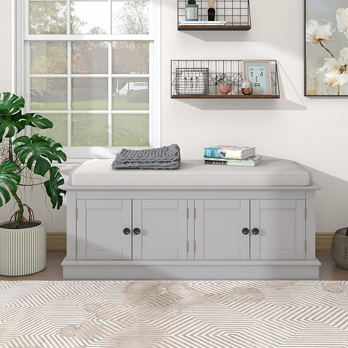 Vintage Hallway Storage Bench with 4 Doors and Adjustable Shelves,Entryway Shoe Rack W/Removable Cushion,for Living Room Bedroom Porch,Gray Wash,42″