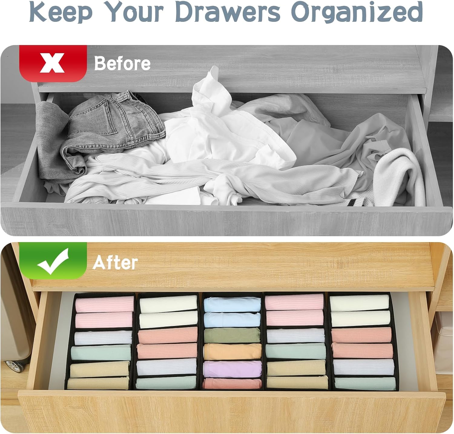 Qozary 3 Pack Sock Underwear Drawer Organizer Dividers, Non-Woven Fabric Collapsible Cabinet Closet Storage Boxes for Clothes, Socks, Lingerie, Underwear, Tie, Belt, Baby, Bedroom (Black, 6 Cells)