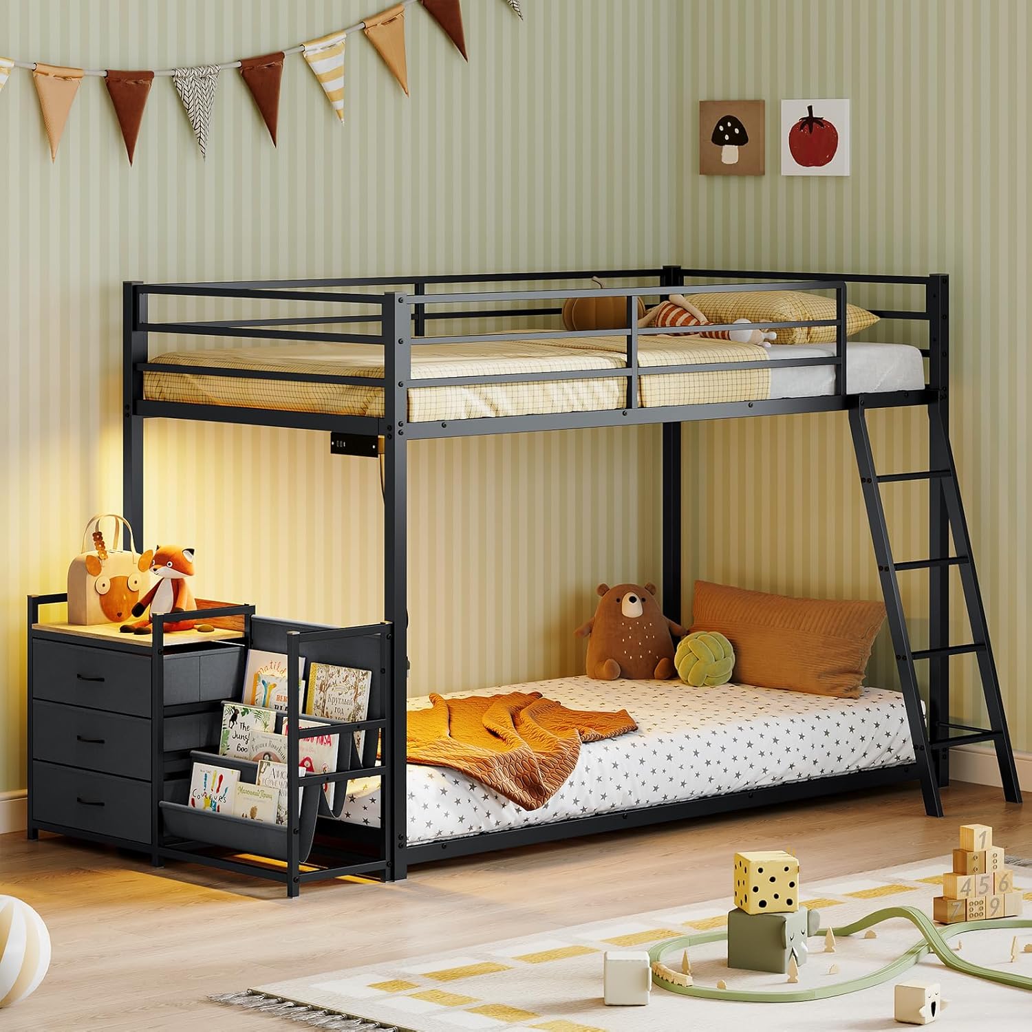 Bonnlo Bunk Bed Twin Over Twin with 3 Storage Drawers, 3 Tier Book Shelf, Bunk Bed with LED Lights, Charging Station, Inclined Ladder, Suitable for Kids & Teens, Space Saving (Black)