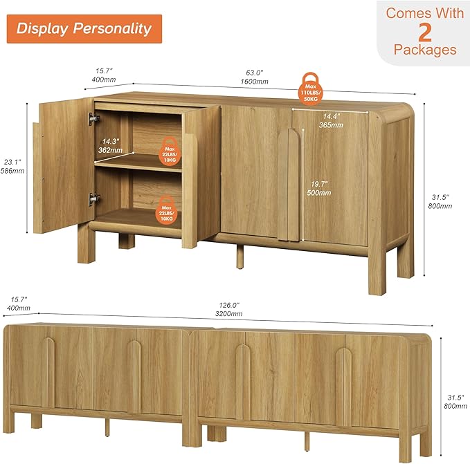 WAMPAT Modern TV Stand for TVs Up to 120 inches,126" W Farmhouse Entertainment Center with Adjustable Shelf and 4 Doors, Media Console Table TV Cabinet for Living Room, Light Walnut