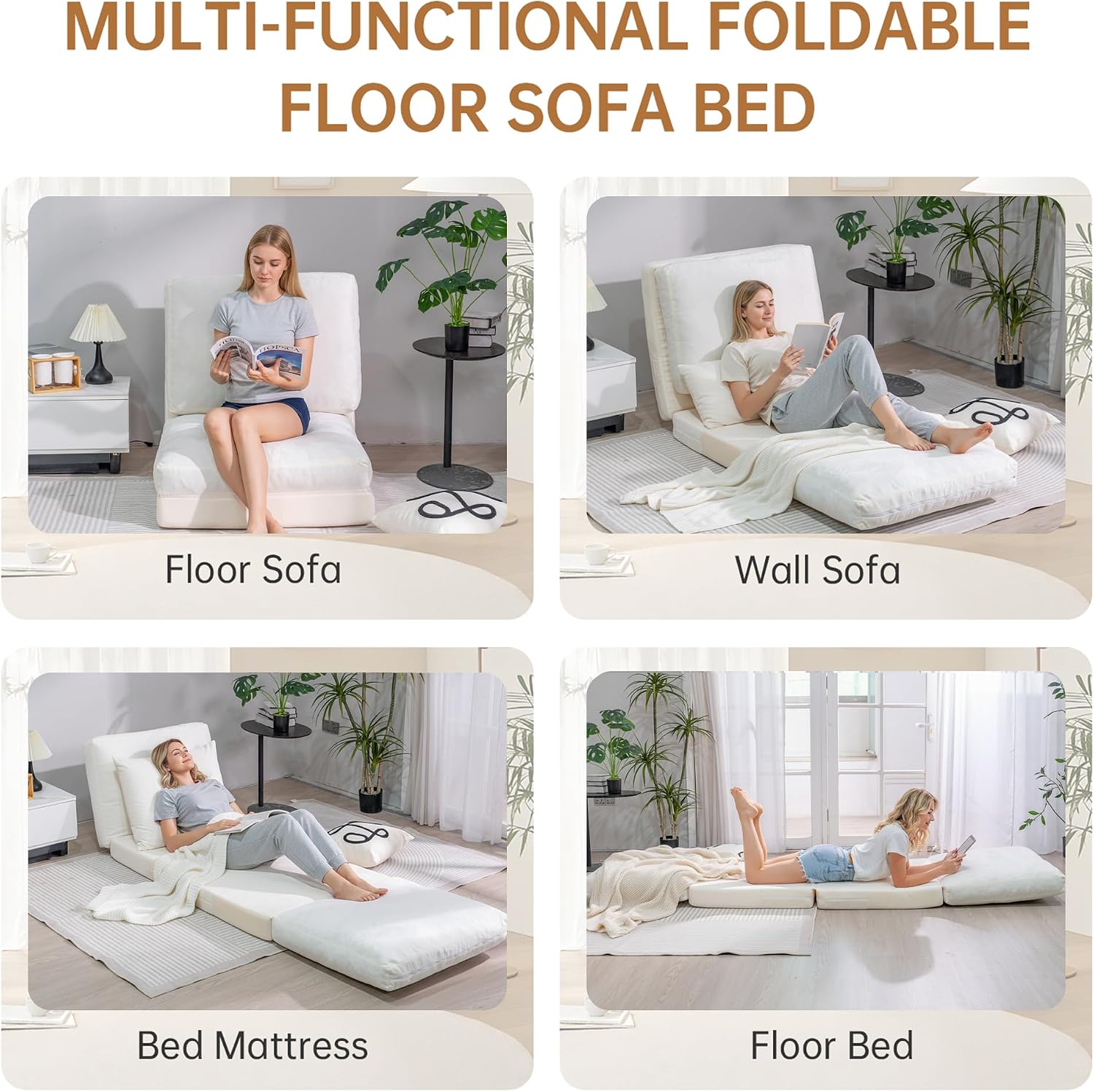 Cvortll 4-in-1 Folding Sofa Bed, Memory Foam Bean Bag Chair, Large Convertible Couch for Adults, Bedroom, Living Room, Apartment (Beige-Small)