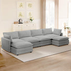 ROWHY 148'' Sectional Cloud Couch with 2 Ottomans, Oversized 4 Seat Sleeper Sofa with 2 Throw Pillows, Convertible Upholstered U Shaped Cozy Sofa Furniture Set for Living Room and Office, Light Grey
