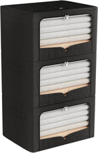 FHSQX 3 Pack Clothes Storage Bins Foldable Metal Frame Storage Box Stackable Linen Fabric Organizer Set with Carrying Handles and Clear Window (Black, 15.7x11.8x7.8inch(22L))