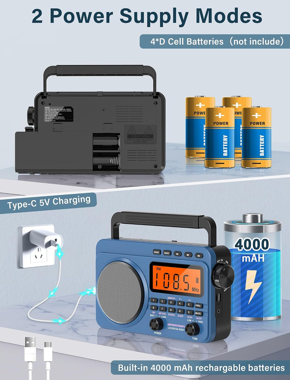 Digital AM FM Shortwave Radio 4000mAh Rechargeable Battery Best Reception